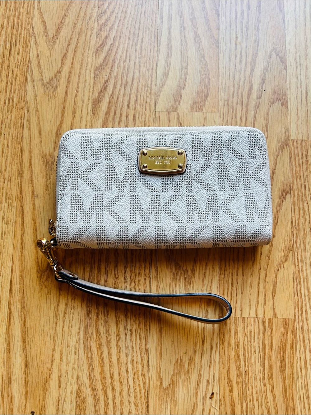 Michael Kors Cream MK Logo Zip-Around Wristlet Wallet with Gold Plaque